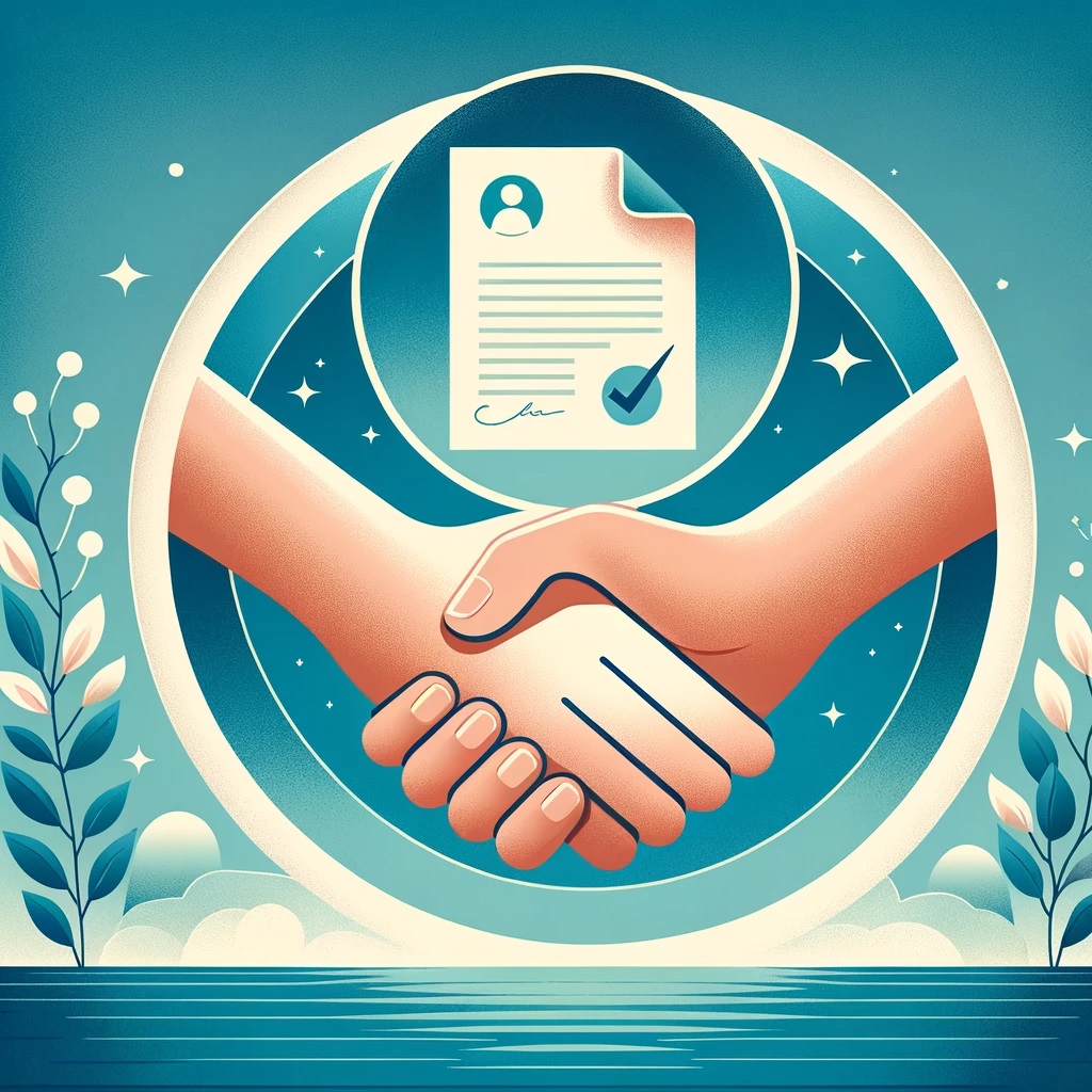 Illustration of a harmonious handshake against a serene background, symbolizing an uncontested divorce and mutual agreement reached through divorce eFiling in Illinois, California, and Texas, reflecting a streamlined and amicable legal process.