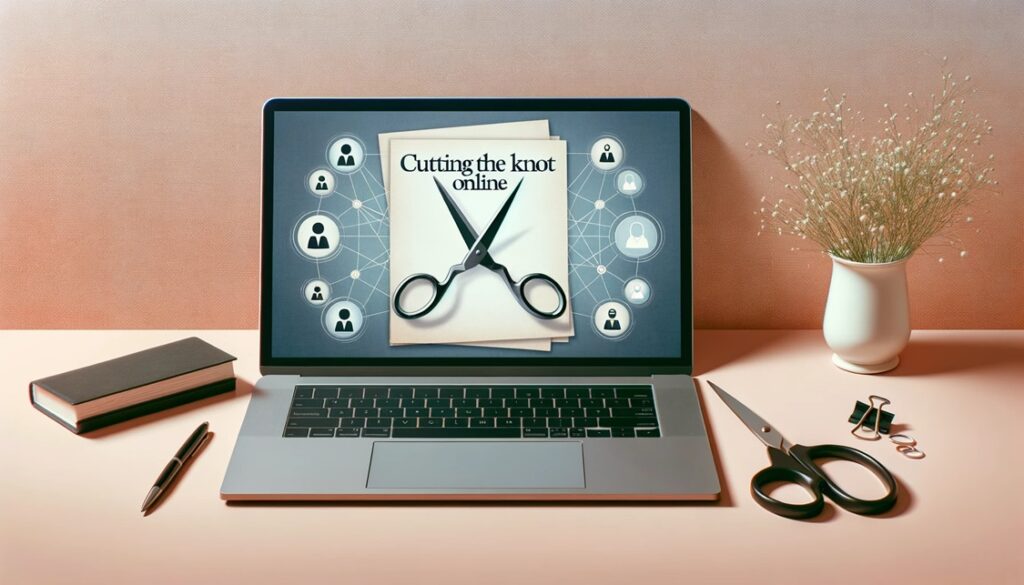 Guide to help you efile a divorce, online article -image. Image of efiling a divorce online. Cutting the knot online with scissors and paper- MyFileRunner